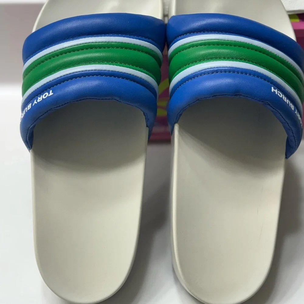 Tory Burch Blue and Green Striped Slides - Picture 9 of 11